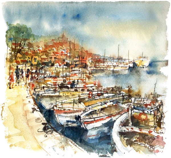 Boten in de haven, aquarel — Stockfoto