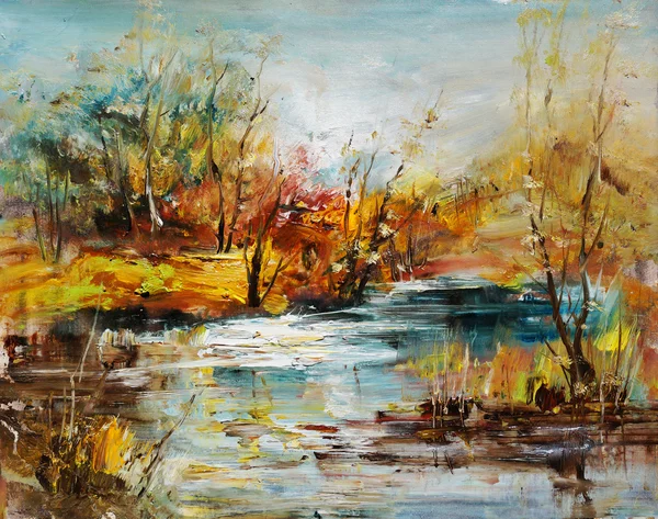 A baía no rio, pintura a óleo — Fotografia de Stock