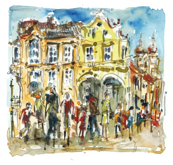People in the old town, watercolor — Stock Photo, Image