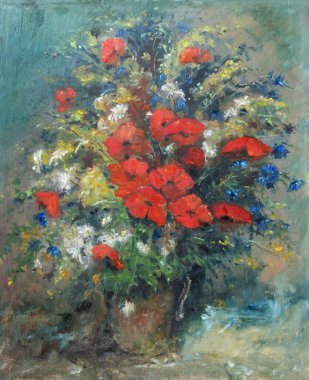 Gelincik çiçekli çayır buketi, çiçek ve papatya, yağlı boya.                               