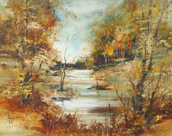 Река в лесу, живопись маслом — стоковое фото