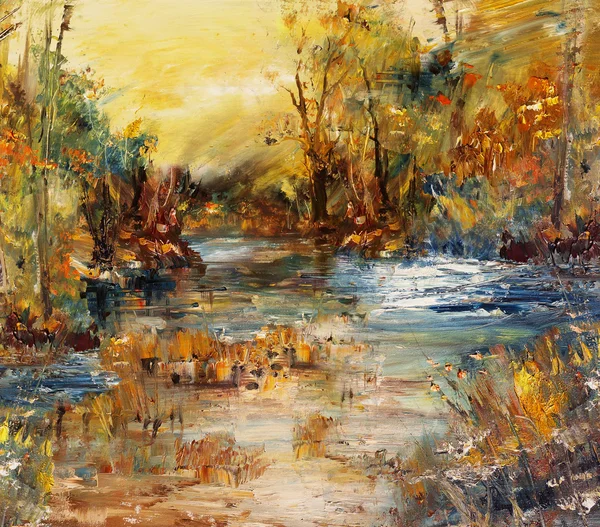 Río en el bosque, pintura al óleo — Foto de Stock