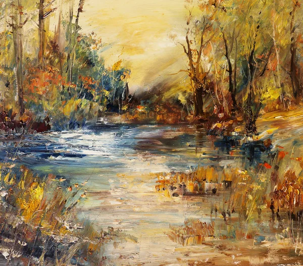 Danau di hutan, lukisan minyak Stok Foto