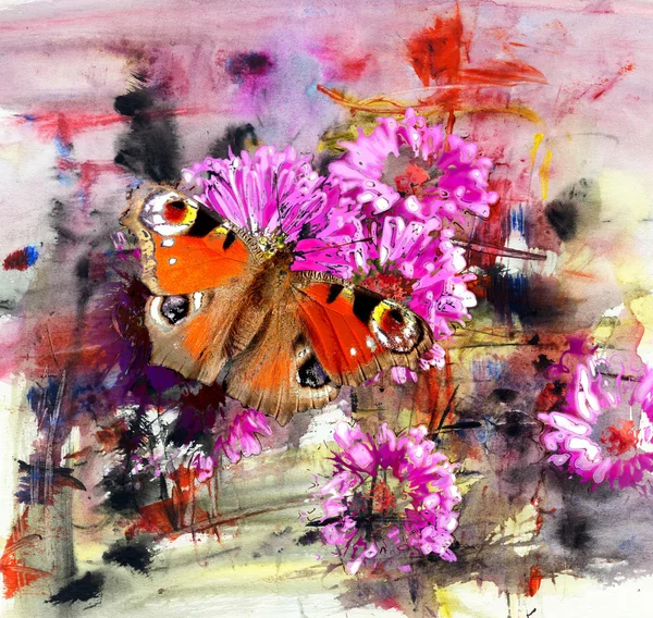 Kağıt üzerinde kelebek ve soyut akrilik boya