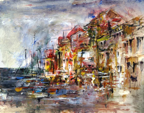 The city with the port, acrylic painting — ストック写真