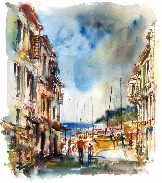 Street to the harbor, watercolor — 图库照片