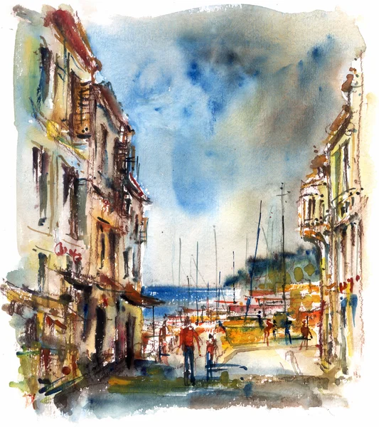 Straße zum Hafen, Aquarell — Stockfoto