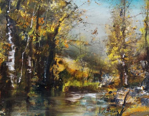 Betulle vicino al torrente, pittura ad olio — Foto Stock