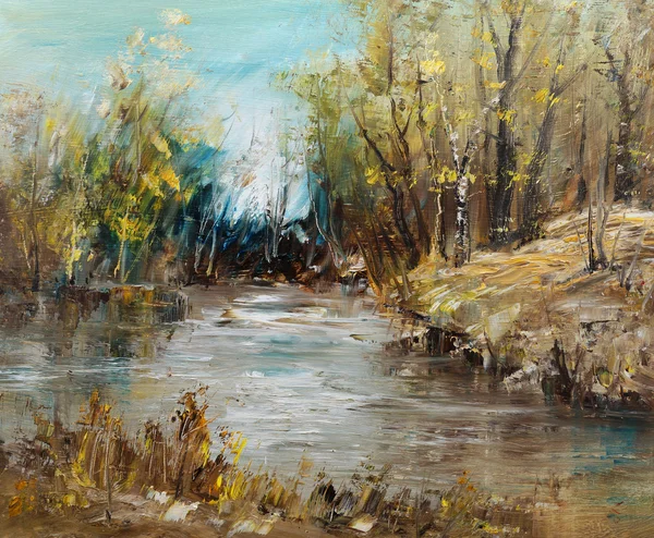 Il fiume e le betulle vicino alla foresta, pittura ad olio — Foto Stock