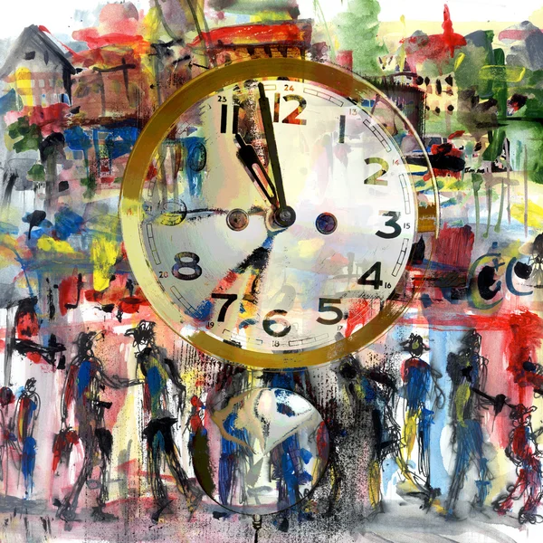 People and Time, art acrylic painting on paper and mixed media Stok Foto