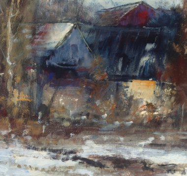 kış manzara ağaçlar ve Köyü, Yağlıboya Resim