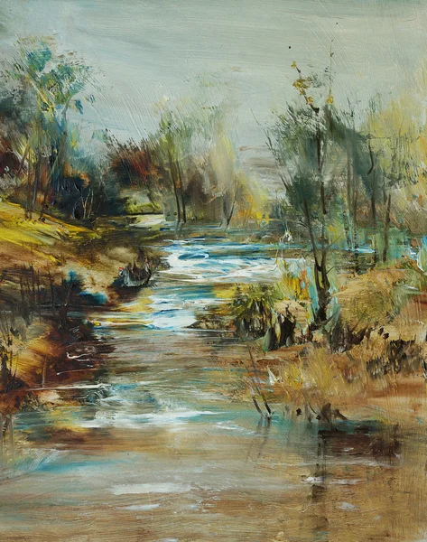 Lanskap dengan sungai, lukisan minyak Stok Lukisan  