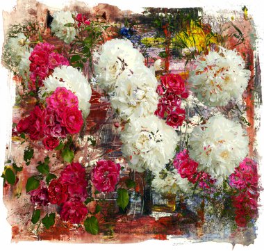Gül ve peonies ve gül, karışık teknik 
