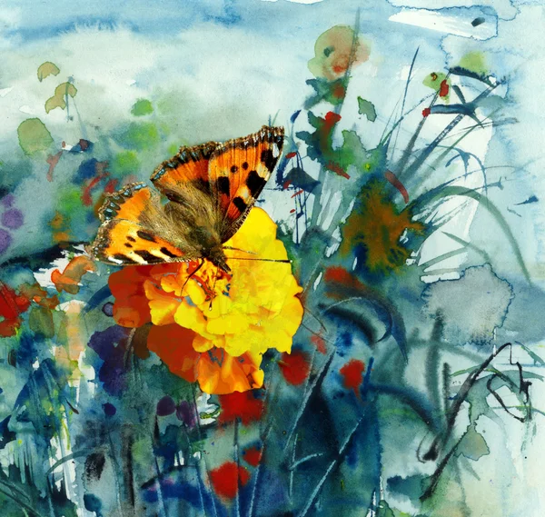 Butterfly and watercolor painting on paper — Stock Photo, Image