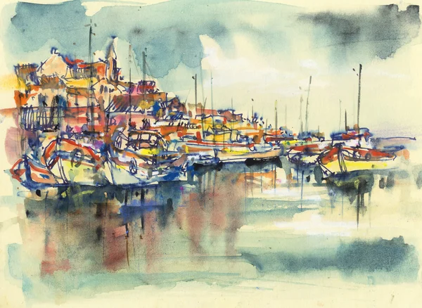 Hajók a kikötő, a mediterrán, akvarell illustratio — Stock Fotó
