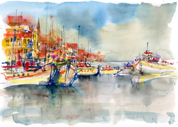 Stad en schepen in de haven, aquarel illustratie — Stockfoto