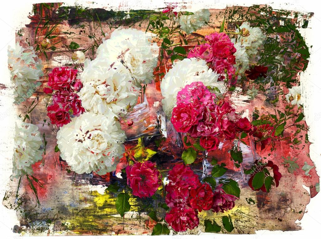 Peonies and roses, mixed media 