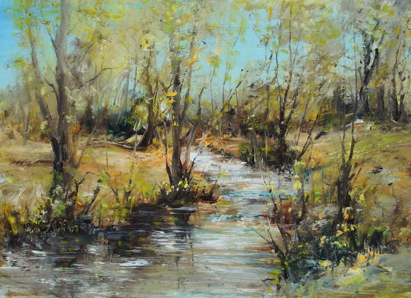 Landscape with creek and woods, oil painting