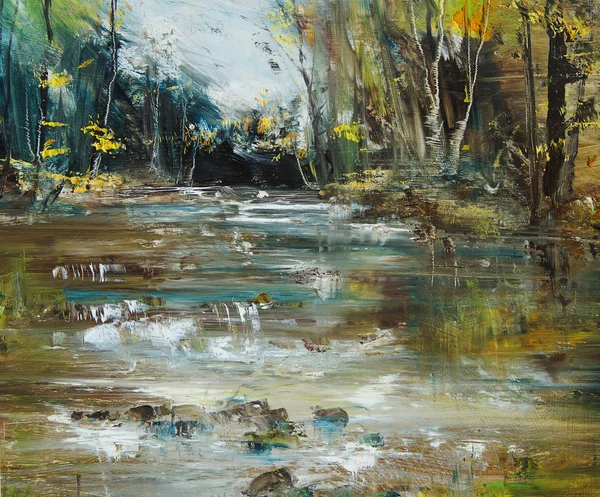 Río en el bosque, pintura al óleo — Foto de Stock