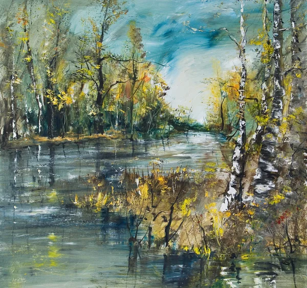 川と白樺林のある風景、油絵 — ストック写真