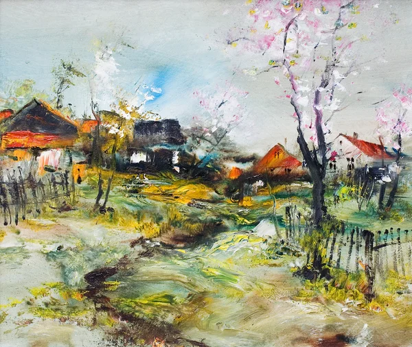 开花的树木，在村子里，油画 — 图库照片
