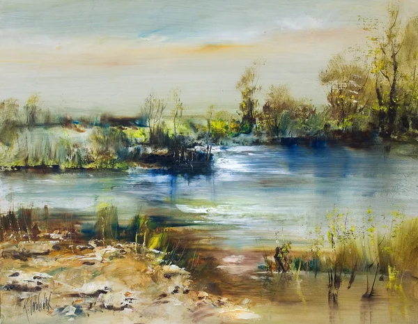 Paisaje romántico en el lago, pintura al óleo — Foto de Stock