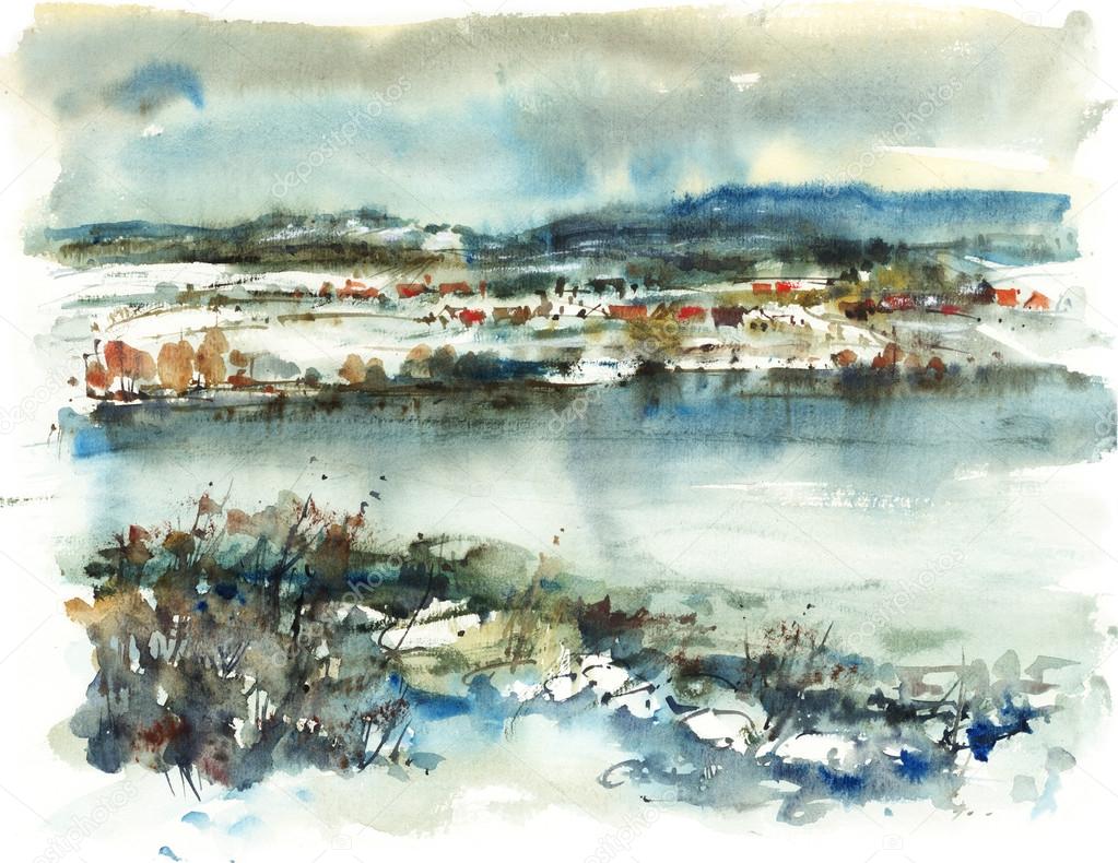 Winter landscape with a lake, watercolor