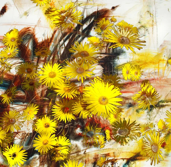 Flores amarelas, pintura a óleo abstrata e mídia mista — Fotografia de Stock