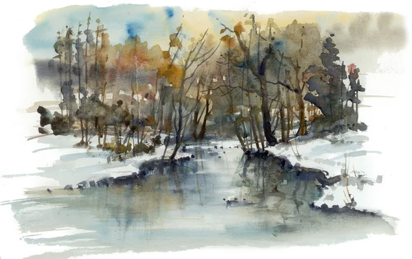 Ormanda, kış manzara, suluboya nehirde