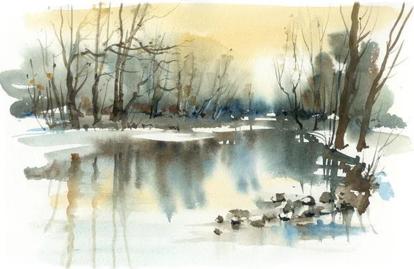 Řeka, Zimní krajina, akvarel — Stock fotografie