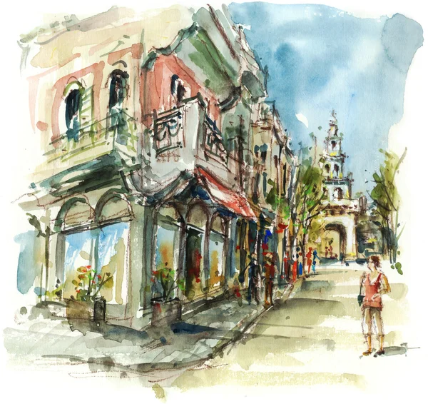 İnsanlar, alışveriş ve kilise kule, suluboya illust ile sokak