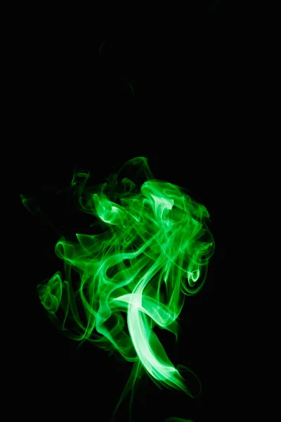 Whimsical Curls Shapes Green Smoke Dark Background Streaming Smoke Burning — Stock Photo, Image