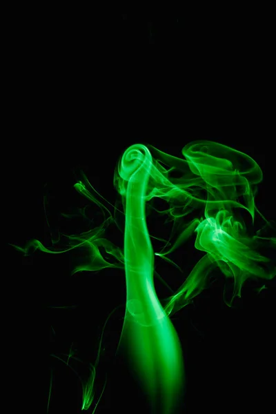 Whimsical Curls Shapes Green Smoke Dark Background Streaming Smoke Burning — Stock Photo, Image