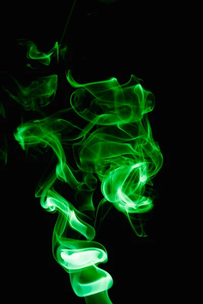 Whimsical Curls Shapes Green Smoke Dark Background Streaming Smoke Burning — Stock Photo, Image