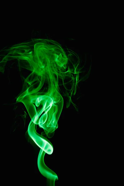 Whimsical Curls Shapes Green Smoke Dark Background Streaming Smoke Burning — Stock Photo, Image