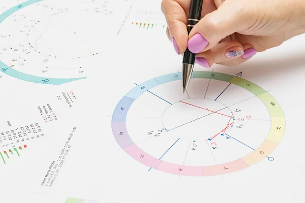 Workplace of a modern astrologer. Printouts of astrological charts, charts, tables, diagrams lying on the table. Hands of a woman astrologer.