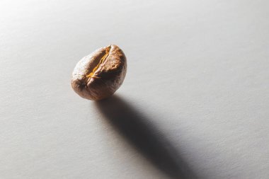 Yakından kavrulmuş aromatik kahve taneleri. Otlak ışığında beyaz kağıt üzerinde kahve taneleri. Kahve çekirdeklerinden uzun gölgeler. Kağıt dokusu.