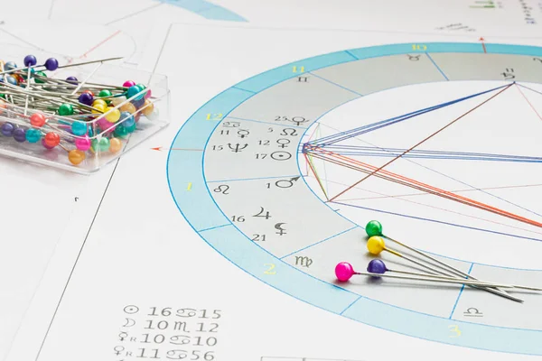 Workplace of a modern astrologer. Scattered on the table are printouts of astrological charts, tables. Decorative pins with brightly colored heads.