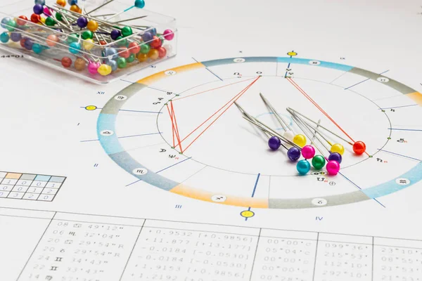 現代の占星術師の職場 表に散在するのは 占星術のチャート 表の印刷物です 明るい色の頭を持つ装飾的なピン — ストック写真