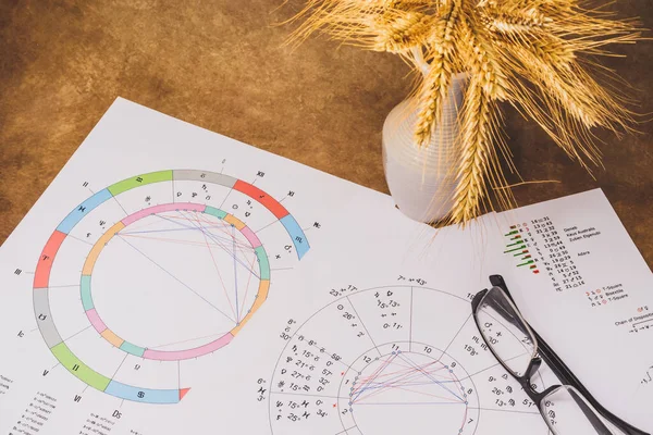 Zamanımızın bir astrolog, sihirbaz ve büyücüsünün işyeri. Koronavirüs salgını sırasında hobi. Astrolojik çizelgeler ve masalar modern aletlerin yardımıyla masanın üzerine serildi..