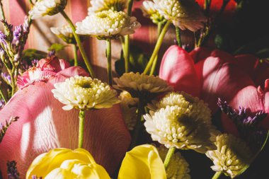 Bahar demeti kadar parlak renkli çiçekler yakın plan. Gül buketi, yeşil yapraklı laleler..