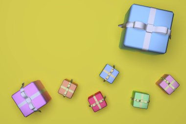 Sarı arka planda kurdelelerle bağlanmış parlak renkli hediye kutuları. Gri arka planda farklı boyutlarda hediye kutuları. 3 boyutlu görüntüleme. Bir yazı için boş alan.