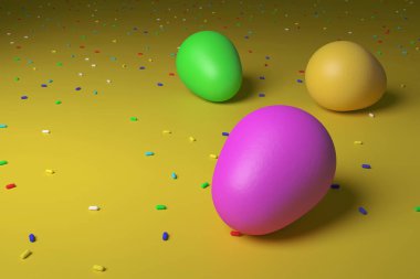 Mutlu Paskalyalar. Renkli Paskalya yumurtaları. 3 boyutlu görüntüleme. Renkli Paskalya parçacıkları serpiştirilmiş rengarenk bir tuval üzerinde yumurtalar..