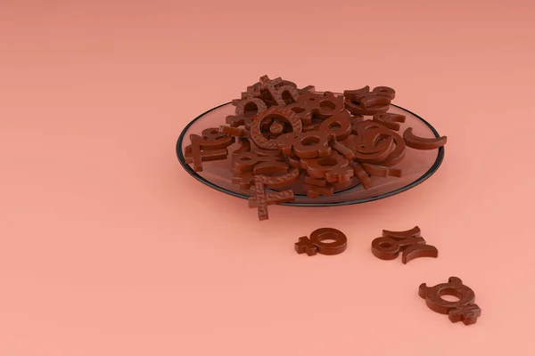 Chocolate-covered cookies in the form of astrological signs of the planets on a glass plate on a pink background. — Stockfoto