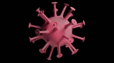 Karanlıkta dokunaç sallayan bir virüs. 3 boyutlu görüntüleme. Kaba yüzeyi olan pembe bir koronavirüs modeli..