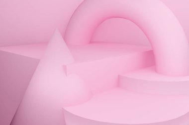 Abstract scene in pink tones, pedestal on a cylinder. Geometric bodies: cylinders, cone, cube, torus.