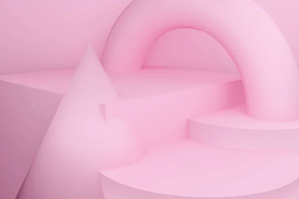 Abstract scene in pink tones, pedestal on a cylinder. Geometric bodies: cylinders, cone, cube, torus.