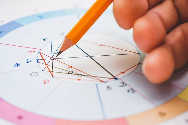 Modern astrolog masaüstü bilgisayarı. Elini kalemle tut. Astrolojik haritalar, gezegenlerin koordinatları, astrolojik semboller, yakın plan..