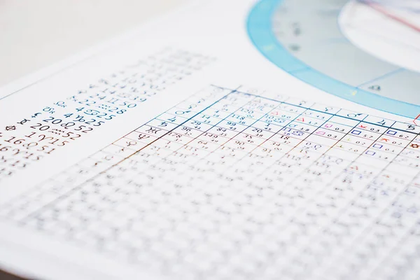 現代の占星術師のデスクトップ 惑星の座標を持つ天体図と表 占星術のシンボルを閉じる — ストック写真