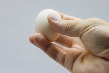 Beyaz tavuk yumurtası yakın planda. Hafif arka planda bir adamın elinde bir yumurta..